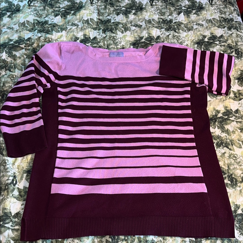 Laura Scott Pink and Burgundy 3/4 Sleeve Striped Sweater 1X EUC